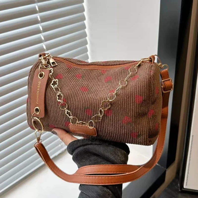 Women Small Underarm Bag Corduroy Handbag Cute Strawberry