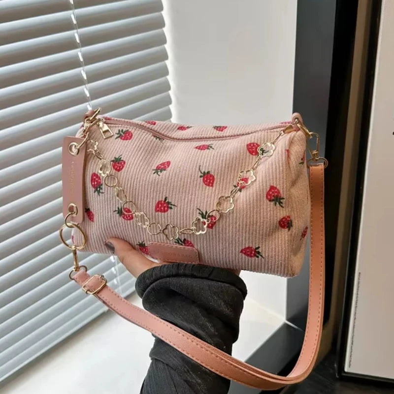 Women Small Underarm Bag Corduroy Handbag Cute Strawberry