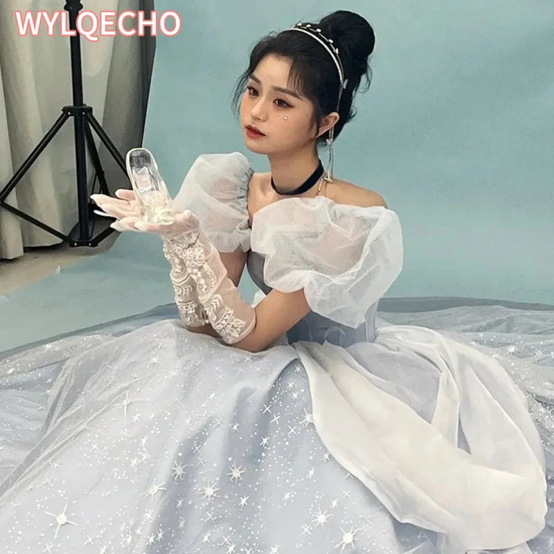 Blue Prom Dress Engagement Jacquard Dress France Vintage Sweet Korean Princess Fairy Dress Evening Party Dress