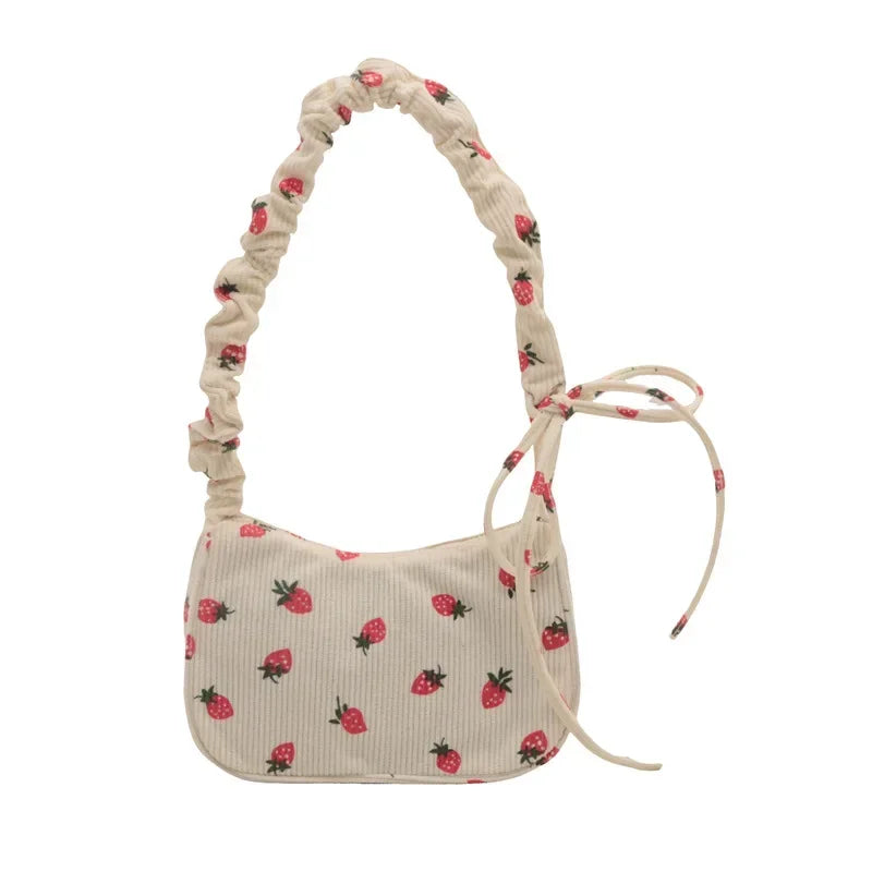 Women Small Underarm Bag Corduroy Handbag Cute Strawberry