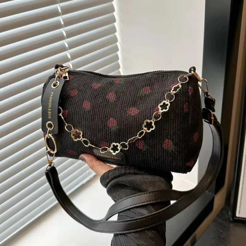 Women Small Underarm Bag Corduroy Handbag Cute Strawberry