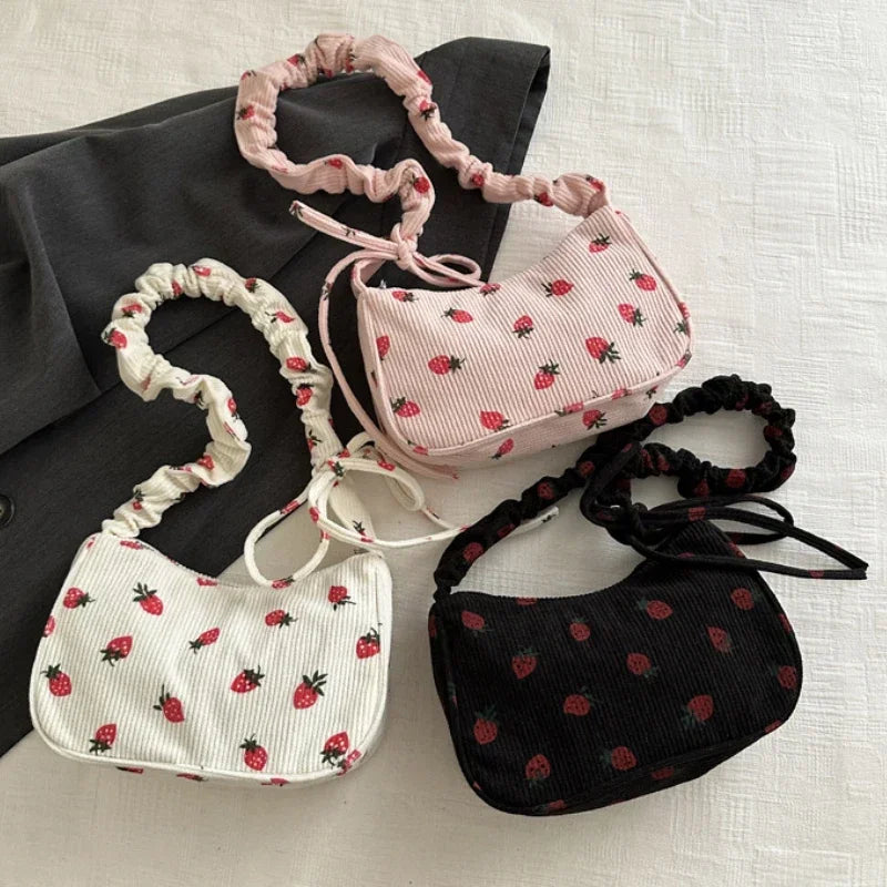 Women Small Underarm Bag Corduroy Handbag Cute Strawberry