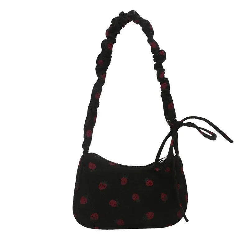 Women Small Underarm Bag Corduroy Handbag Cute Strawberry