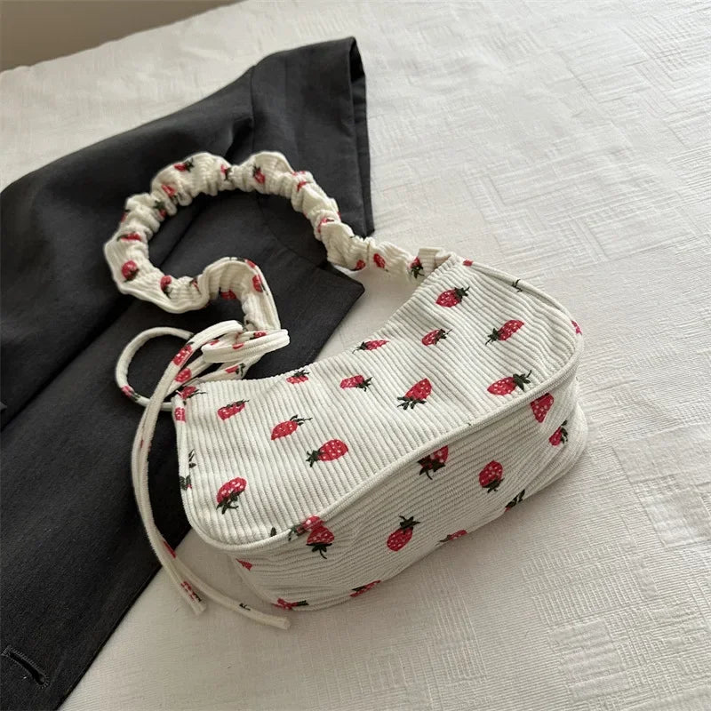 Women Small Underarm Bag Corduroy Handbag Cute Strawberry