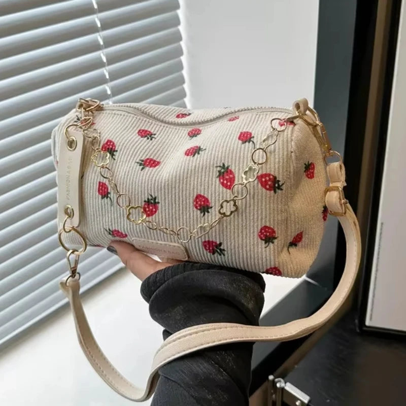 Women Small Underarm Bag Corduroy Handbag Cute Strawberry