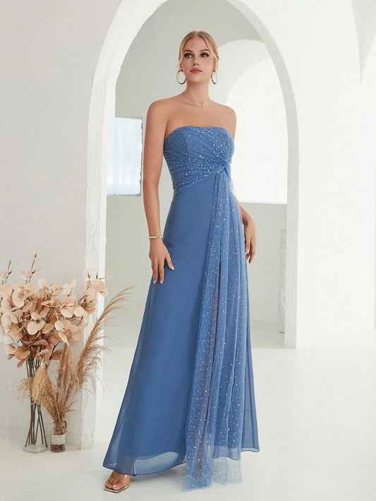 Mgiacy Strapless sleeveless chiffon Ladies Dinner Dress