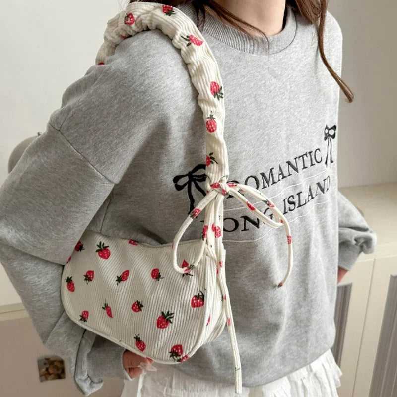 Women Small Underarm Bag Corduroy Handbag Cute Strawberry