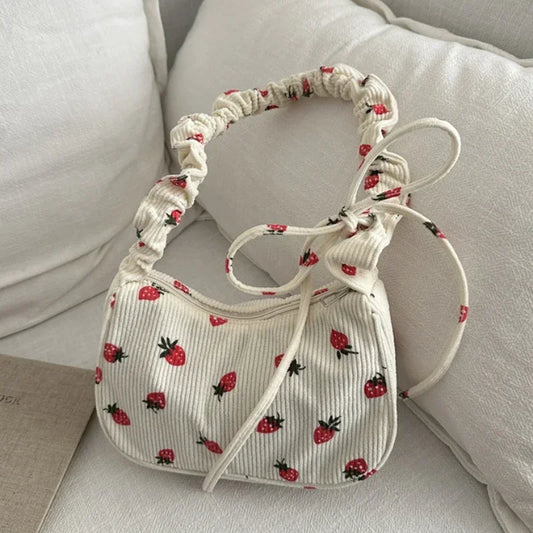Women Small Underarm Bag Corduroy Handbag Cute Strawberry