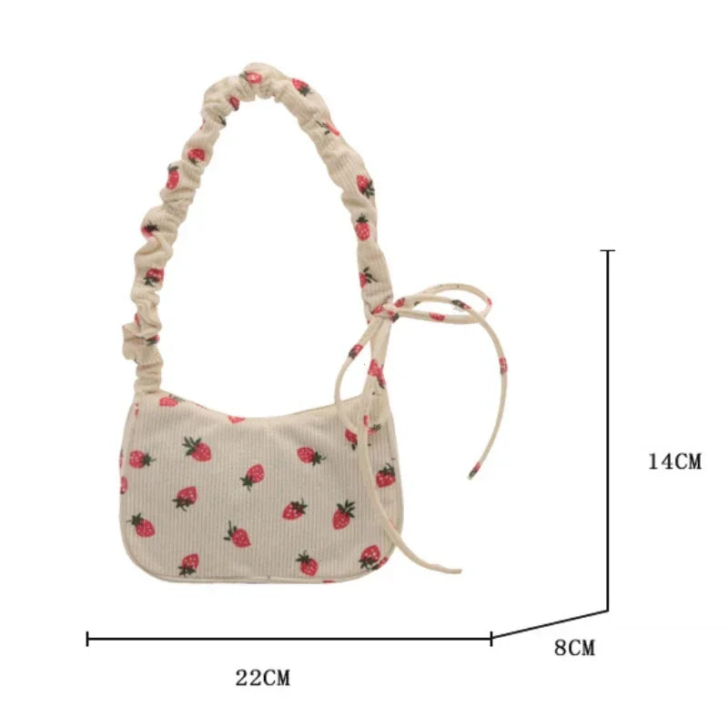 Women Small Underarm Bag Corduroy Handbag Cute Strawberry